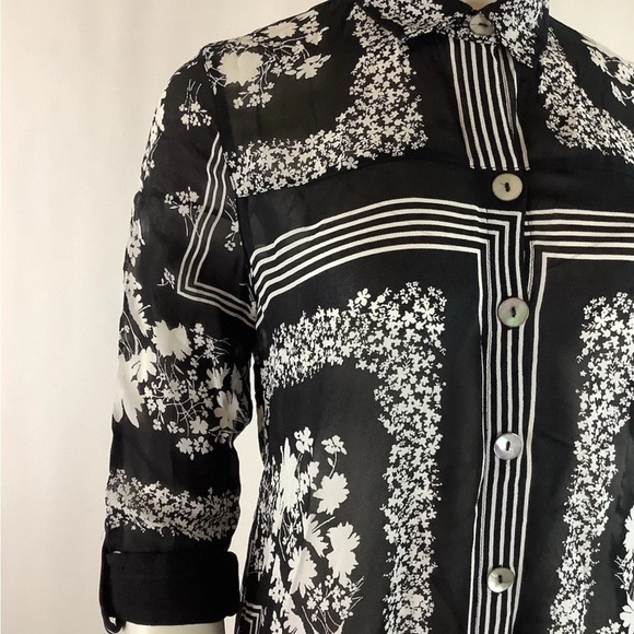 John Mark Sz S 100% Viscose Floral Button Shirt Dress Black White Semi Sheer - Picture 2 of 5